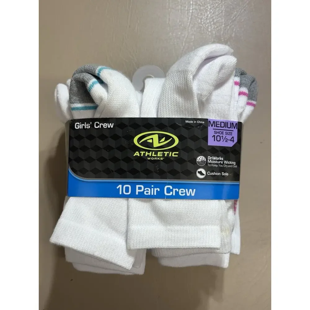 Athletic Works Girl's Crew Socks 10 PAIRS Shoe Size 10.5-4 Cushioned WHITE